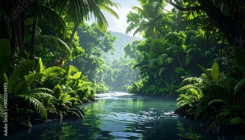 Tropical jungle river surrounded by lush greenery and dense foliage