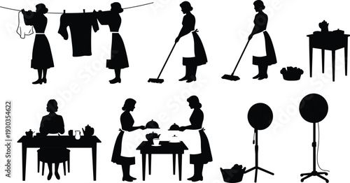 Silhouette of woman in long dress hanging baby clothes on clothesline, peaceful domestic scene, minimalist black and white vector illustration