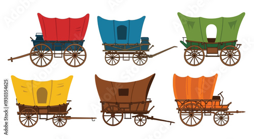 Colorful collection of covered wagons isolated on a white background