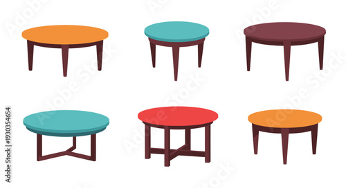 Colorful simple tables in a row various shapes and designs