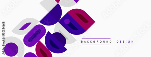 Abstract purple shapes overlap white space. Modern design elements create dynamic visual composition. Background suggests creativity, innovation.
