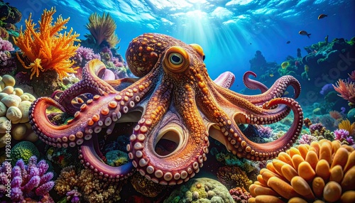 Vibrant octopus with detailed texture resting on a colorful coral reef in realistic underwater scene