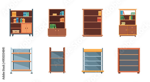 Collection of colorful wooden and metal bookshelves in various styles