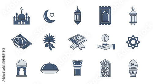 Islamic symbols and icons set in black and white.