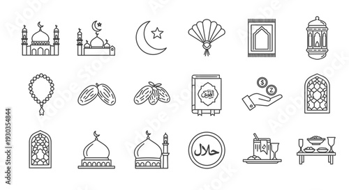 Collection of Islamic symbols and icons in minimalist line art style.