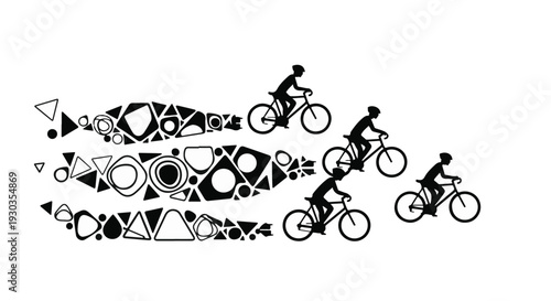 Energetic cyclists race alongside a dynamic, abstract fish shape on a white background.