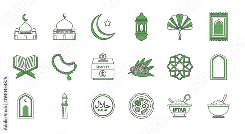 Collection of Islamic Symbols and Icons in Green and White.