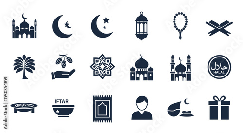 Islamic Symbols and Icons Set for Cultural Representation.