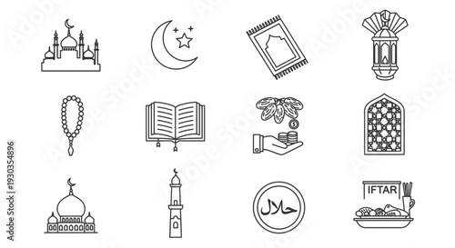 Islamic symbols and icons set in black and white.