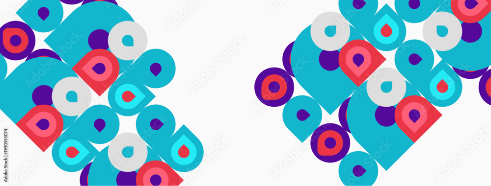 Fototapeta premium Abstract pattern features colorful circles, squares. Shapes repeat creating dynamic visual texture. Minimalist design, bright hues dominate composition.