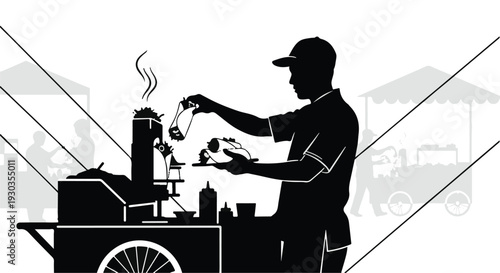 Street vendor preparing food with steam rising from a cart at an outdoor market.