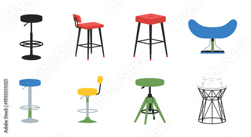 Collection of colorful bar stools and chairs displayed on a white background