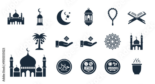 Collection of Islamic Symbols and Icons Representing Faith and Culture.
