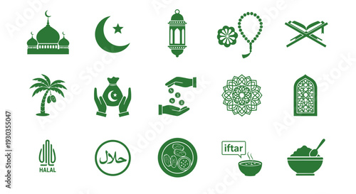 Collection of Islamic symbols and icons in green.