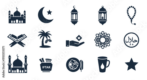 Collection of Islamic symbols and icons representing faith and culture.