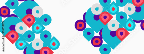 Abstract pattern features colorful circles, squares. Shapes repeat creating dynamic visual texture. Minimalist design, bright hues dominate composition.