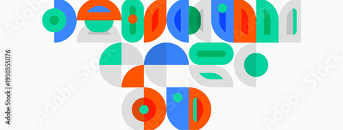 Abstract colorful shapes overlap, creating playful composition. Circles, arcs, segments form dynamic visual pattern. Modern design.