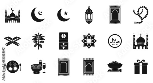 Collection of Islamic symbols and icons in black and white.