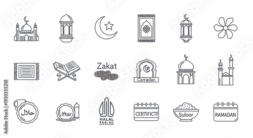 Collection of Islamic Symbols and Icons for Ramadan and Zakat.