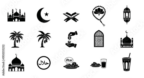 Islamic symbols and icons collection in black and white.