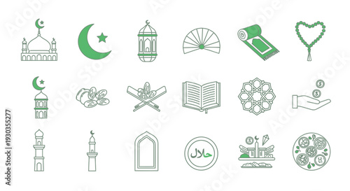 Collection of Islamic Symbols and Icons in Green.