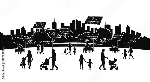 Families enjoy a sunny day in a green urban park with solar panels powering the city skyline.