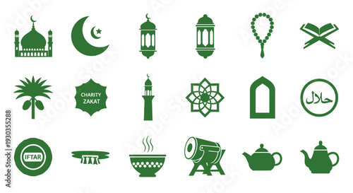Collection of Islamic symbols and elements in green color.