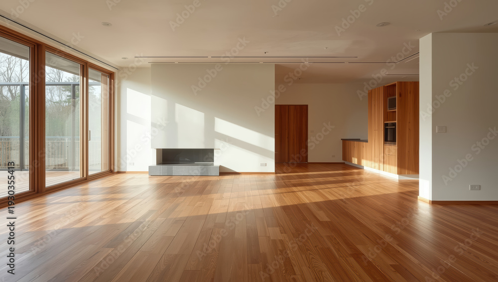Naklejka premium Sunlit open plan living room hardwood floor minimalist fireplace large windows