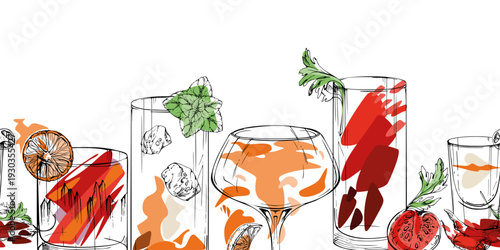 Bloody Maty cocktail, Flatliner shot, Negroni, Long Island drinks, Seamless cocktail ribbon with hand drawn ink outline for social headers, culinary sites, recipe modules, event pages, wrapping edges.