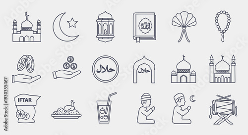 Islamic symbols and icons set including mosques and traditional elements.