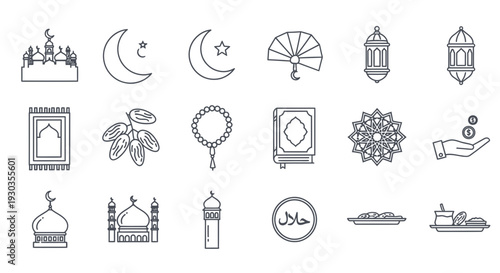 Islamic symbols and icons collection in minimalist line art style.