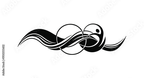 Abstract swirling black and white design with circular elements symbolizing harmony and flow