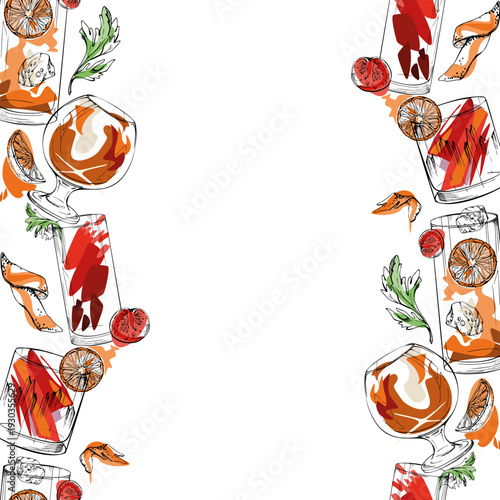 Aperol spritz, Bloody Mary, Old-fashioned brandy and Negroni seamless banner, simple ink silhouettes. Hand drawn vector strip for digital design, menu borders, lifestyle pages, stationery packaging.