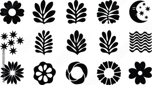 Black Botanical and Celestial Icon Set with Minimalist Flowers Leaves Crescent Moon Stars and Wavy Lines for Bohemian Style Logo Design and Organic Branding