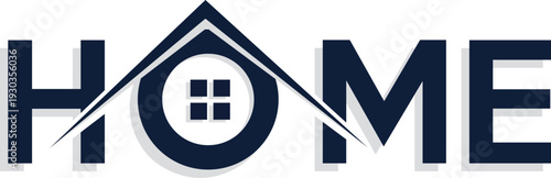 Modern real estate logo design with the word HOME and integrated house roof and window icon