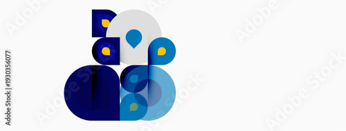 Abstract geometric shapes overlap, creating dynamic composition. Blue shades dominate, with white background providing contrast. Modern design.