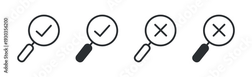 Magnifying Glass Check and Cross Icon Set, Search Validation Line and Solid Vector Illustration
