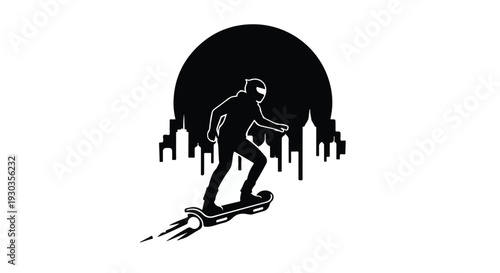Futuristic rider glides on hoverboard against a city skyline silhouette at sunset.