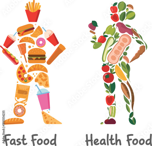 Fast Food vs Healthy Food Concept, Nutrition Comparison, Diet Choice, Junk Food and Fresh Vegetables Illustration Balanced Lifestyle Eating Habits