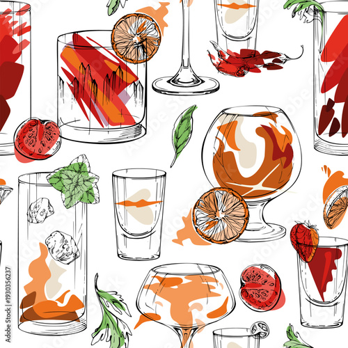 Wine, ice tea, whisky or cognac balloon glass, orange red cocktail tile with citrus slices. Seamless hand drawn ink pattern for lifestyle prints, kitchen decor, merchandising and drink theme surfaces.