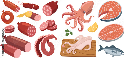 Flat cartoon seafood and sausage illustration, salmon steak, octopus, squid, salami, fish, deli meat, vector food set isolated white background