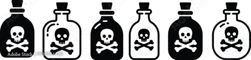 Vector illustration of poison bottles with skull and crossbones icons, alternating black and white designs, symbolizing danger, toxicity, hazardous chemicals, and safety warnings.