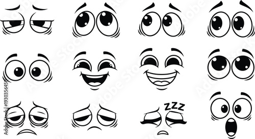 Collection of Cute Cartoon Eyes and Facial Expressions with Happy Sad Surprised and Sleepy Emotions for Character Design Mascot Creation and Emotive Vector Graphics