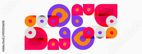 Abstract colorful shapes form playful design. Circles, squares, curves create dynamic composition. Bright hues dominate visual space.