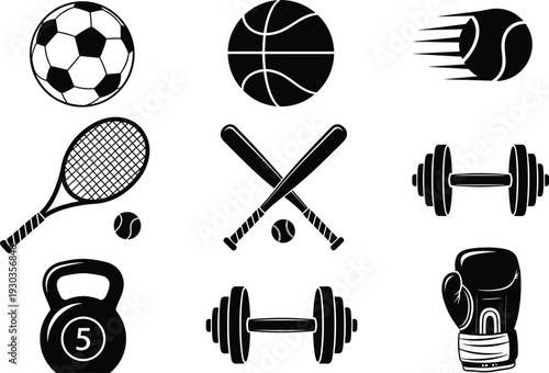 Set of minimalist black sports and fitness equipment icons featuring soccer ball, basketball, tennis racket, dumbbells, kettlebell, and boxing glove on a white background.