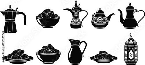 Arabic traditional icons set with dallah coffee pot dates fruit ramadan lantern teapot moka pot and water jug silhouettes for decorations