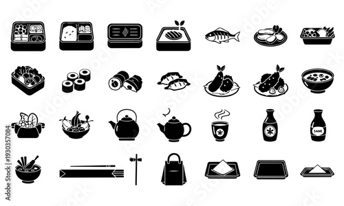 Japanese Bento and Sushi Icon Set – Asian Cuisine Silhouette Vector Collection