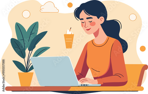 Donna che usa un laptop in ufficio casa al bar vettoriale