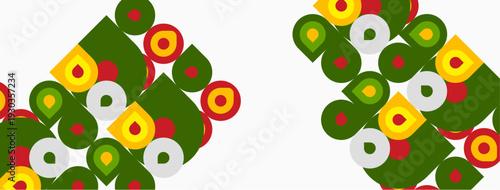 Colorful geometric shapes repeat. Circles, squares, triangles create playful pattern. Bright hues dominate white background.