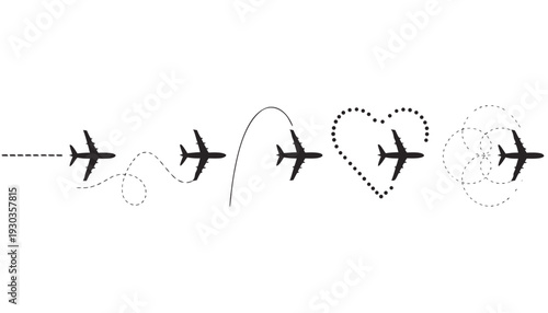 "A clean, minimalist vector illustration set on a plain white background featuring several black airplane silhouettes. Each airplane is shown at the end of a different dashed or dotted flight path lin